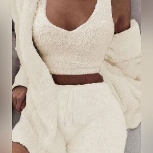Women’s Nasty Gal Size M Beige Fuzzy 3 Piece Sweater/Shorts/Tank Set